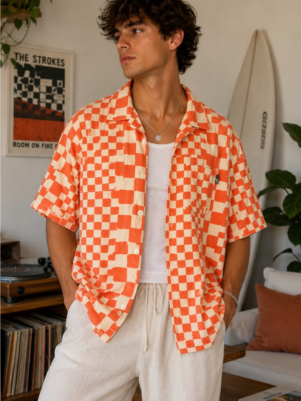Urban Outfitters Orange and Cream Checkered Short-Sleeve Button-Down Shirt